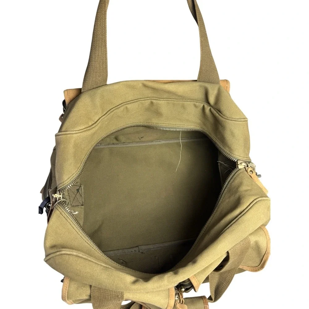 Vintage Eddie Bauer Army Green Safari Canvas Leather Duffle Shoulder Utility Bag